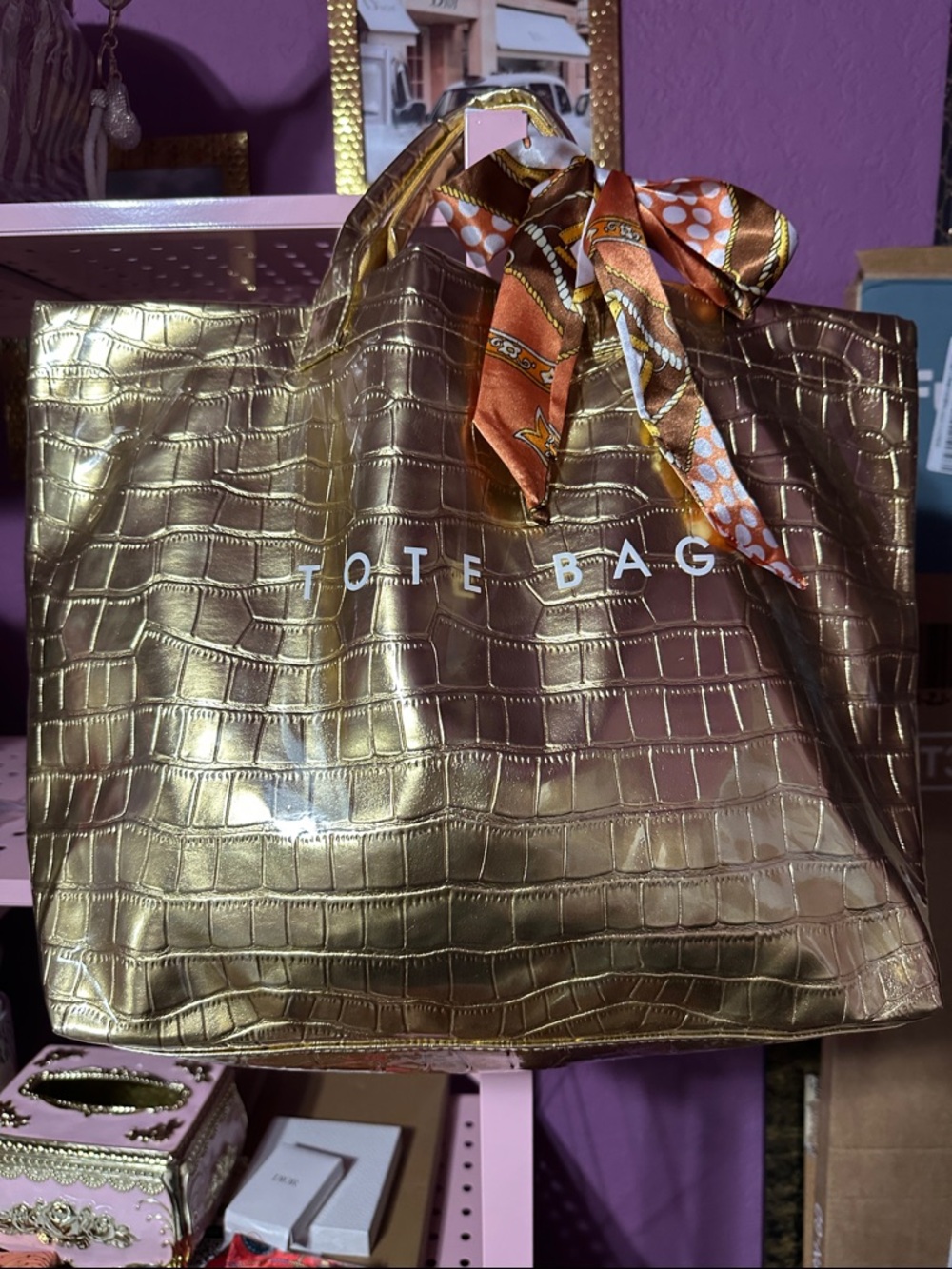 Gold Croc-Embossed Tote Bag with Scarf Accent